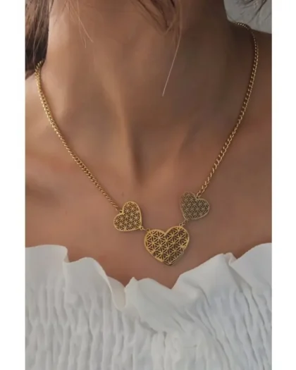 3’lü Kalp Figürlü Gold Çelik Kolye