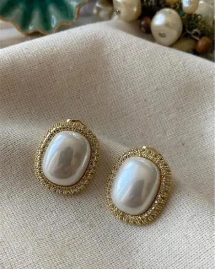 VIP 14K Taşlı Çerçeveli İnci Küpe