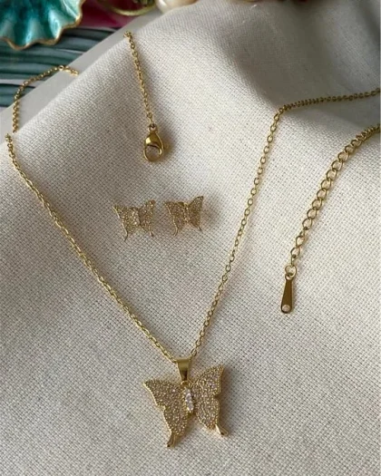 Çelik Taşlı Kelebek Kolye Seti