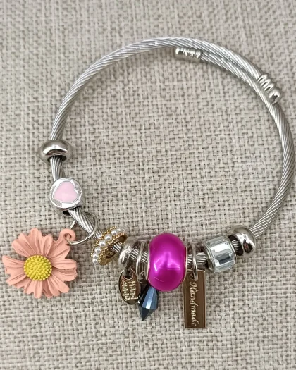 Pembe Papatyalı Silver Çelik Pandora