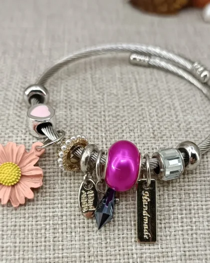 Pembe Papatyalı Silver Çelik Pandora
