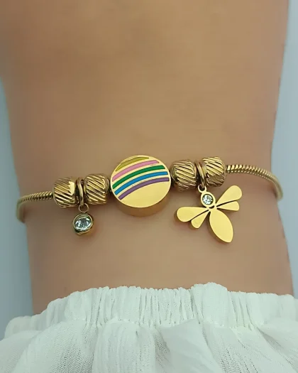 Gökkuşağı ve Yusufçuk Motifli Gold Renk Çelik Bileklik