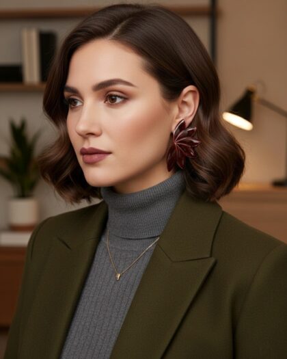 Vintage Bordo Mineli Yarım Çiçek Küpe