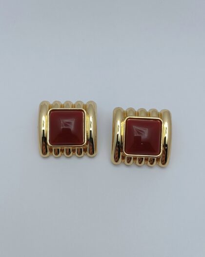 Vintage Bordo Desenli Kare Küpe