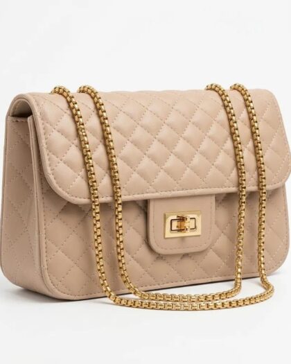 Bej Kapitone Suni Deri Gold Zincirli Omuz Çanta 23×16 cm