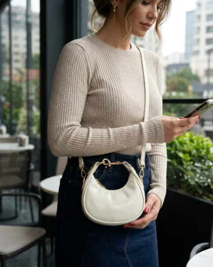Krem Gold Detaylı Mini Kadın Omuz ve Çapraz Çanta