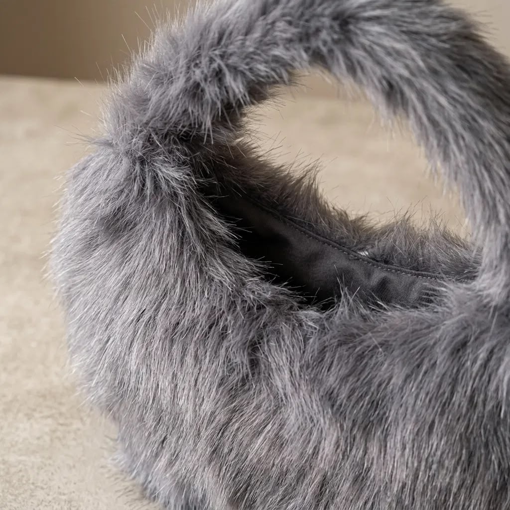 Gri Peluş Kadın El Çantası Yumuşak Tüylü Astarlı Mini Omuz Çantası - Görsel 4